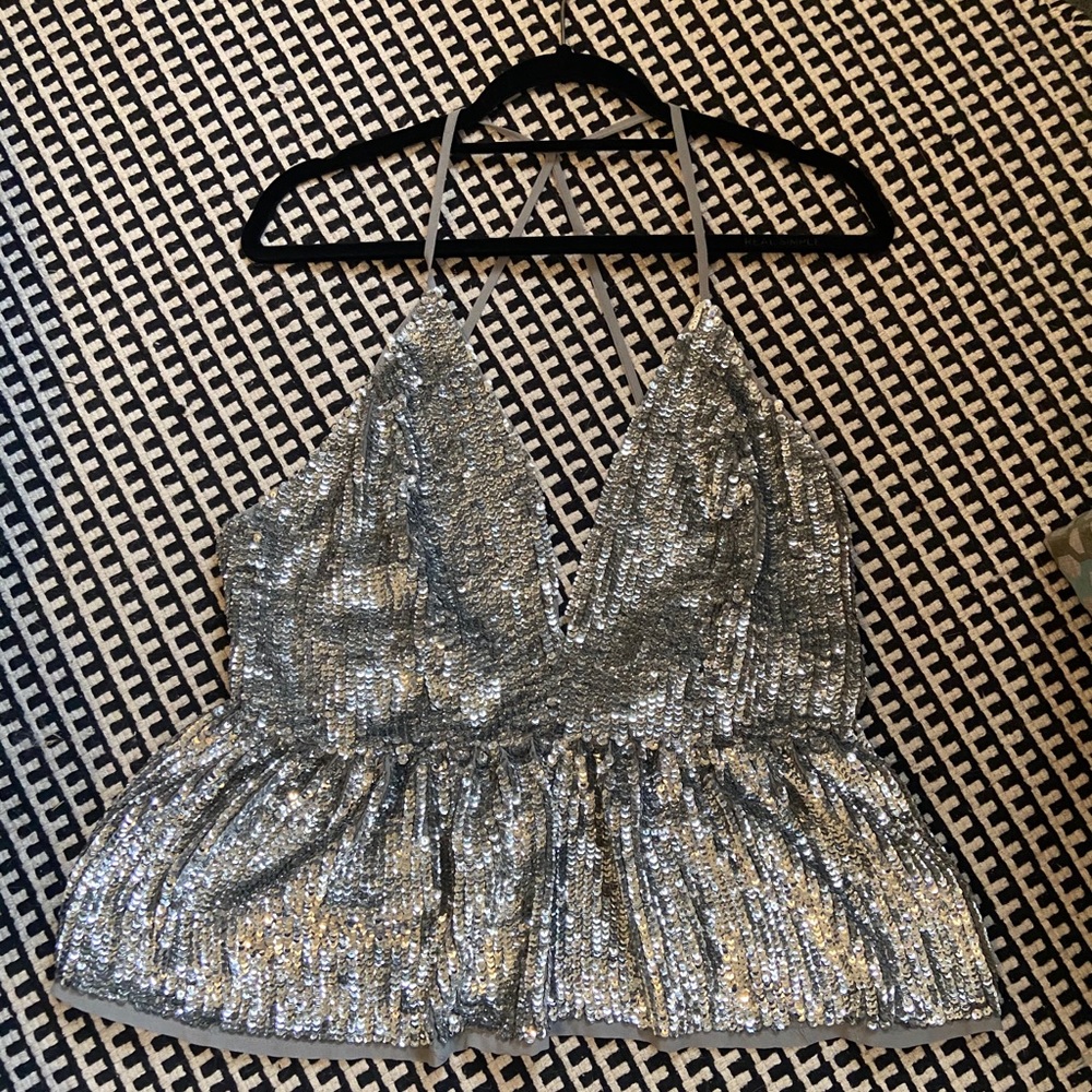 Silver Sequin Peplum Top